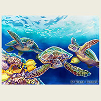 Buoyant Spirits  29 x 41<br>I snorkeled near three green sea turtles at Kahaluu Beach, Kailua Kona.  It was exciting to paint them with the colorful tropical reef fish, coral and light entering the ocean.<br>Framed in Koa wood.