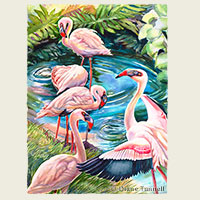 Tropical Sanctuary<br>Five flamingoes found at a pond at the Three Ring Ranch in Kona. 28 x 21 painting size, framed HWS Juried Art Show