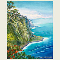Waipio Valley  20 x 16 <br>One of the most popular scenic vistas on the Big Island. Framed in Koa