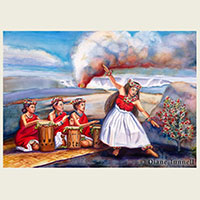 Dance for Pele  24 x 42<br>This hula dancer and drummers are performing with the active volcano Kilauea in the background of the Hawaii Volcano National Park. Framed