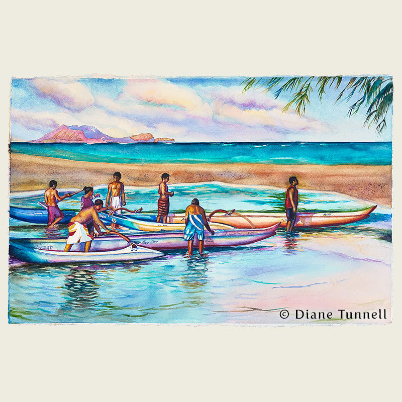 Na Kane O Kailua<br>Men and canoes in Kailua on Oahu. 16 x 25 painting size, framed Helen M. Cassidy Juried Art Show