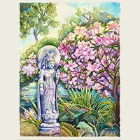 Mother of Compassion<br>Garden statue of Quan Yin, with light streaming through the landscape, flowing water and azaleas. HWS Juried Art Show SOLD