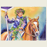 Tradition<br>Pau rider and horse in the King Kamehameha Day Parade in Kona. 22 x 30 painting size, framed - SMS Research & Marketing, Sun Eden and Armadillo Art and Craft Award, HWS Open Show 2013