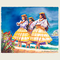 Dancers' Dream<br>Young hula dancers sway near the ocean, inspired by the King Kamehameha Day Parade in Kona, Hawaii 20 x 16 painting size, framed HWS Juried Art Show