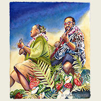 Upbeat Aloha<br>Two musicians in the King Kamehameha Day Parade in Kona. 21 x17 painting size, framed HWS Juried Show