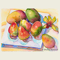 Hawaiian Brunch 11 x 15<br>This small painting is a mango, pear and orchid still life. Framed

