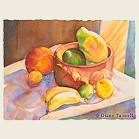 Morning Offering With Papaya 12 x 16<br>Still life with bananas, citrus and papaya. Framed