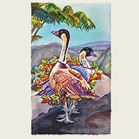 Volcano Stroll<br>Nene birds I photographed in Maui. The background is Kilauea Iki Caldera, Hawai'i Volcano National Park. Hawai'i Nei juried art exhibition, Hilo. SOLD