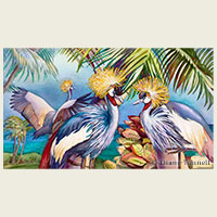 Waikoloa Conversation<br>African Crowned Cranes at Hilton Waikoloa Village, on the Kohala coast of the Big Island 17 x 29 painting size, framed